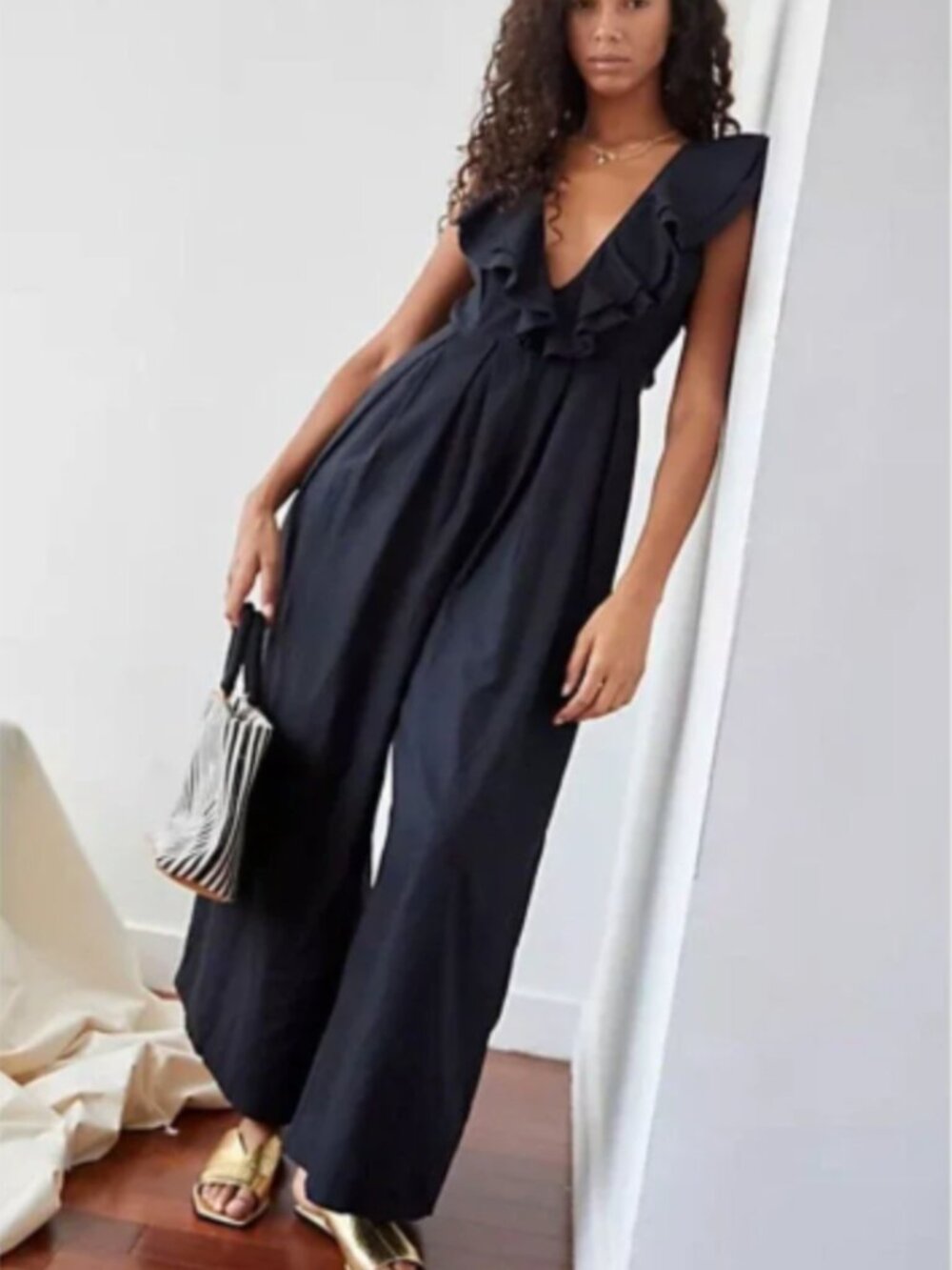 Free People Marta Ruffle Black Wide Leg Linen Jumpsuit Sz 0